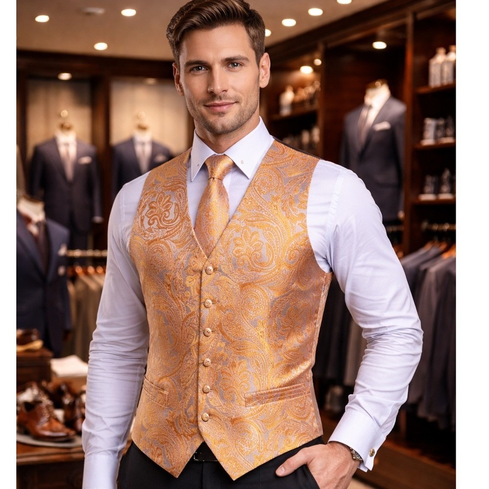 Barry Wang Mens Silk Paisley‎ Vest Tie Pocket Square Set Gold Lavender  (4XL)